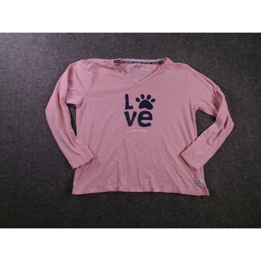 Life Is Good Top Women Extra Large Pink Long Sleeve Sleep Pet Paw Print Love